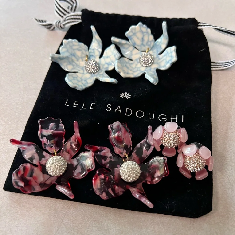Lele Sadoughi Pink Floral Earrings with Bedazzled Center - Picture 4 of 4